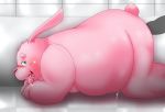  2018 anthro belly blush bodily_fluids butt cum drooling fur genital_fluids hi_res kemono lagomorph leporid male male/male mammal moobs overweight overweight_male pink_body pink_fur rabbit saliva solo_focus tongue tongue_out くろろん 
