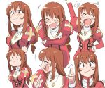  1girl ^_^ ^o^ blush brown_eyes brown_hair character_request closed_eyes closed_mouth copyright_request eyebrows_visible_through_hair jewelry laughing long_hair long_sleeves looking_at_viewer looking_away necklace open_mouth smile thumbs_up tsubobot upper_body 