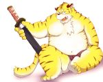  2010 5:4 anthro asian_clothing belly blush clothing east_asian_clothing felid fundoshi fur japanese_clothing kemono male mammal melee_weapon moobs navel nipples overweight overweight_male pantherine simple_background sitting solo sword tiger underwear weapon white_background yaoyasohachi yellow_body yellow_fur 