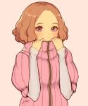  1girl artist_name blush brown_hair collar_tug commentary covering_face jivke long_sleeves okumura_haru persona persona_5 pink_sweater purple_eyes ribbed_sweater short_over_long_sleeves short_sleeves solo sparkling_eyes sweater turtleneck turtleneck_sweater 