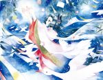  1girl absurdres bird black_hair hands_up highres huge_filesize japanese_clothes kimonohime night night_sky orihime profile sky solo standing tanabata tanzaku the_weaver_girl_and_the_cowherd traditional_media watercolor_(medium) wide_sleeves 