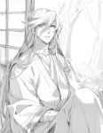  1boy bandaged_neck bandages greyscale hebino_rai izumi-no-kami_kanesada japanese_clothes kimono male_focus monochrome parted_lips sitting sliding_doors touken_ranbu tree yukata 