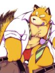  2015 anthro asian_clothing blush bottomwear canid canine clothing dressing east_asian_clothing eyes_closed fox fundoshi hi_res japanese_clothing kemono male mammal necktie pants shirt simple_background slightly_chubby solo topwear underwear white_background yaoyasohachi 