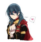  1girl blue_eyes blue_hair byleth_(fire_emblem) byleth_(fire_emblem)_(female) cape closed_mouth cosplay edelgard_von_hresvelg edelgard_von_hresvelg_(cosplay) fire_emblem fire_emblem:_three_houses garreg_mach_monastery_uniform medium_hair naho_(pi988y) red_cape simple_background solo twitter_username uniform upper_body white_background 