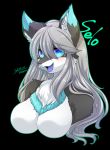  2015 anthro black_background blue_body blue_eyes blue_fur breasts dated dragon featureless_breasts female fur furred_dragon grey_hair hair lemoco open_mouth selo simple_background solo tongue white_body white_fur 