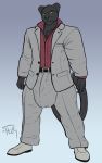  anthro big_bulge bulge chest_tuft clothing cyrus_cairn felid footwear male mammal negativetheory pantherine scar shoes simple_background smile solo suit tagme tuft 