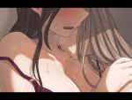  2girls blonde_hair blush bra breasts brown_hair cleavage close-up collarbone commentary_request hand_on_another&#039;s_shoulder head_out_of_frame hoshizora_no_shita kiss letterboxed long_hair multiple_girls neck_kiss open_mouth original purple_bra saliva strap_slip sweat underwear yuri 