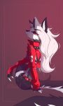  2019 breasts canid canid_demon canine clothing collar demon female fingerless_gloves fish_netting gloves hair handwear hellhound helluva_boss hi_res jacket leggings legwear long_hair looking_at_viewer loona_(vivzmind) mammal piercing red_jacket red_sclera silicia spiked_collar spikes topwear torn_clothing 