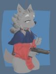  anthro breasts butt canid canine clothed clothing female fur grey_body grey_fur hi_res holding_gun holding_object holding_weapon just_app1e looking_at_viewer mammal solo weapon 