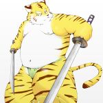  1:1 2009 anthro asian_clothing belly blush clothing east_asian_clothing felid fundoshi humanoid_hands japanese_clothing kemono male mammal melee_weapon moobs navel nipples overweight overweight_male pantherine simple_background solo sword tiger underwear weapon white_background yaoyasohachi 