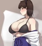  1girl arms_at_sides bare_shoulders black_bra blue_hakama blush bra breasts brown_eyes brown_hair cleavage closed_mouth clothes_down collarbone commentary_request eyelashes hakama hakama_skirt huge_breasts japanese_clothes kaga_(kantai_collection) kantai_collection long_hair looking_to_the_side ryuun_(stiil) short_sidetail side_ponytail skindentation tsurime underboob underwear 