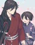  2boys ^_^ black_hair blue_eyes blush closed_eyes earrings flower hair_ribbon hebino_rai holding_hands horikawa_kunihiro izumi-no-kami_kanesada japanese_clothes jewelry kimono male_focus multiple_boys open_mouth ribbon ring smile stud_earrings touken_ranbu yaoi yukata 