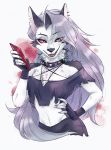  2019 2020 breasts canid canid_demon canine clothing collar demon female hair hamshio hellhound helluva_boss hi_res long_hair looking_at_viewer loona_(vivzmind) mammal pentagram phone piercing red_sclera spiked_collar spikes teeth torn_clothing 