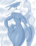  2019 anthro blue_theme breasts butt duo fdokkaku female greninja hand_on_hip hi_res inteleon looking_back nintendo nude pok&eacute;mon pok&eacute;mon_(species) rear_view reptile restricted_palette scalie smile standing thick_thighs video_games 
