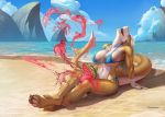  2019 4_toes anthro beach big_breasts bikini breasts claws cleavage clothed clothing cloud countershading eyes_closed feet female fin fish food fruit hair hi_res huge_breasts leaning leaning_back marine melon midriff mountain navel open_mouth outside pawpads piratefoxbox plant sand sea seaside shark sharp_teeth sitting sky smile solo swimwear teeth toe_claws toes water watermelon watermelon_crushing white_body white_hair yellow_body 