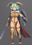  1girl adapted_costume armor cape fire_emblem fire_emblem:_three_houses flower full_body green_eyes green_hair grey_background hair_flower hair_ornament highres holding holding_sword holding_weapon long_hair natto_soup seiros_(fire_emblem) shield simple_background solo sword weapon 