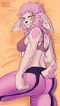  anthro blush breasts butt clothed clothing female fluffy glenthefossa hair hi_res mammal pink_hair pinup pose presenting solo 