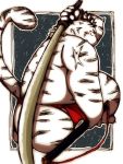  2013 anthro asian_clothing belly blush clothing east_asian_clothing felid fundoshi fur humanoid_hands japanese_clothing kemono male mammal melee_weapon overweight overweight_male pantherine scar solo sword tiger underwear weapon white_body white_fur yaoyasohachi 