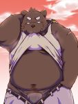  2016 anthro asian_clothing belly blush bottomwear brown_body brown_fur bulge clothed clothing east_asian_clothing fundoshi fur humanoid_hands japanese_clothing kemono male mammal navel open_shirt outside overweight overweight_male pants pubes scar shirt solo topwear underwear ursid yaoyasohachi 