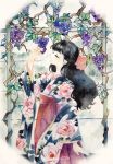  1girl black_hair bow closed_eyes floral_print food fruit grapes hair_bow hakama hand_up japanese_clothes kimono kimonohime long_hair original red_hakama solo stained_glass standing twitter_username watermark window 