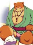  2015 absurd_res anthro asian_clothing belly blush bodily_fluids brown_body brown_fur bulge clothing east_asian_clothing eyewear fundoshi fur glasses hi_res humanoid_hands japanese_clothing kemono male mammal overweight overweight_male robe sitting solo sweat underwear ursid yaoyasohachi 