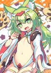  1girl :d animal_ear_fluff animal_ears azur_lane bangs blush breasts checkered checkered_background claw_pose commentary_request eyebrows_visible_through_hair fang floral_background fur_trim green_eyes green_hair groin hair_between_eyes isokaze_(azur_lane) long_hair long_sleeves looking_at_viewer magatama_necklace navel open_mouth revealing_clothes saebashi sitting small_breasts smile solo thick_eyebrows thighhighs white_legwear wide_sleeves 