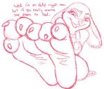  2019 3_toes anthro claws clothing dialogue disney english_text feet female foot_focus judy_hopps lagomorph leporid mammal rabbit shirt sketch solo text toes topwear zootopia zp92 