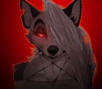  2019 anthro biped black_collar black_eyebrows black_nose breasts bust_portrait canid canid_demon chest_tuft cleavage clothed clothing collar demon digital_drawing_(artwork) digital_media_(artwork) eyebrows female front_view gradient_background grey_clothing grey_eyes grey_topwear hair hair_over_eye half-closed_eyes hellhound helluva_boss inner_ear_fluff long_hair looking_at_viewer loona_(vivzmind) mammal narrowed_eyes neck_tuft nitani one_eye_obstructed pentagram portrait red_background red_sclera red_text shoulder_tuft signature simple_background solo spiked_collar spikes standing teeth text topwear tuft white_hair 