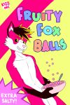  2018 abstract_background anthro athletic black_body black_fur bowl canid canine cereal cereal_box cutlery digital_media_(artwork) english_text food fox fur grin happy humor kitchen_utensils kizz_fox male mammal musuko42 nude pecs piercing pink_background pink_body pink_fur pun simple_background smile solo spoon text tools yellow_background yellow_eyes 