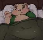  2020 bedding blanket blush brown_body brown_fur eyes_closed fur hi_res humanoid_hands inigo_(kusosensei) kemono kusosensei mammal overweight pillow sleeping ursid 