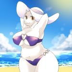  1:1 anthro beach blue_sky boss_monster bovid breasts caprine female lemoco mammal navel purple_bikini seaside sky slightly_chubby solo toriel undertale video_games water 