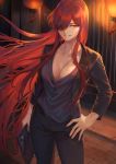  1girl backlighting bangs belt black_pants black_shirt breasts cleavage collarbone contemporary fate/grand_order fate_(series) grin hair_over_one_eye hand_on_hip highres lantern large_breasts long_hair long_sleeves looking_at_viewer mashuu_(neko_no_oyashiro) oda_nobunaga_(fate)_(all) oda_nobunaga_(maou_avenger)_(fate) pants red_eyes red_hair shirt sidelocks smile solo thighs v-neck very_long_hair 