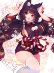  1girl :d animal_ear_fluff animal_ears azur_lane black_hair breasts cat_ears character_name eyebrows_visible_through_hair fang floral_background floral_print highres large_breasts long_sleeves looking_at_viewer nail_polish open_mouth paw_pose red_eyes red_nails rope shichijou_natori shimenawa sideboob smile solo thighhighs white_legwear wide_sleeves yamashiro_(azur_lane) 