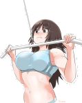  1girl bangs black_eyes black_hair blue_sports_bra blush breasts closed_mouth commentary ei_(akinosakae) frown girls_und_panzer large_breasts long_hair murakami_(girls_und_panzer) muscle muscular_female navel simple_background solo sports_bra standing sweat trembling twitter_username upper_body weightlifting white_background 