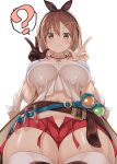  1girl ? atelier_(series) atelier_ryza bangs bare_shoulders belt blue_belt blush boots breasts brown_belt brown_eyes brown_footwear brown_gloves brown_hair chihaya_72 cleavage closed_mouth collarbone covered_nipples double_v eyebrows_visible_through_hair fingernails from_below gloves hair_between_eyes hair_ornament hairclip hands_up hat highres jacket jewelry large_breasts leather leather_belt leather_boots leather_gloves looking_at_viewer looking_down navel necklace open_fly red_shorts reisalin_stout round-bottom_flask shiny shiny_clothes shirt short_hair short_shorts shorts single_glove skindentation sleeveless sleeveless_jacket smile solo spoken_question_mark star star_necklace stomach sweatdrop thigh_boots thigh_pouch thighhighs thighhighs_under_boots upper_body v vial white_headwear white_legwear yellow_jacket 
