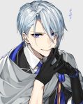  1boy artist_name black_gloves blue_eyes cape gloves grey_background hands_together hebino_rai male_focus necktie smile touken_ranbu upper_body white_hair yamanbagiri_chougi 