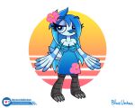  anthro avian bird blue_body blue_hair blue_skin blueumbra breasts claws clothing eyelashes fan_character feathers female flower hair looking_at_viewer nipple_outline plant signature simple_background solo sun translucent vaporwave watermark wings 