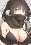  1girl bangs bare_shoulders bikini black_bikini black_hair black_scarf breasts cleavage commentary_request covered_mouth eyebrows_visible_through_hair green_jacket grey_eyes highres jacket kouyafu large_breasts looking_at_viewer off_shoulder open_clothes open_jacket original scarf solo swimsuit twitter_username upper_body 