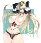  1girl aqua_background armpits arms_up bangs black_panties blonde_hair blue_eyes border bow breasts cleavage commentary corset cowboy_shot curvy elbow_gloves elf eyebrows_visible_through_hair gloves hair_ornament highres large_breasts long_hair masao nipples orange_headband original panties pointy_ears red_bow red_ribbon ribbon skindentation underwear white_border 