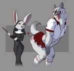  2019 anthro butt canid canine canis clothed clothing crossdressing duo eye_contact female fur grey_body grey_fur lagomorph leaning leaning_forward leporid looking_at_another male mammal nibhaaz nun rabbit size_difference smile spank_marks tongue tongue_out whip wolf 