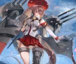  asymmetrical_legwear blue_sky brown_hair cannon cherry_blossoms cloud dated day detached_sleeves flower hair_flower hair_ornament headgear highres kantai_collection long_hair machinery nagasawa_tougo oriental_umbrella outdoors ponytail red_eyes red_umbrella single_thighhigh sky thighhighs translation_request turret twitter_username umbrella yamato_(kantai_collection) 