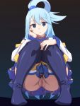  1girl aqua_(konosuba) ass blue_eyes blue_hair blue_legwear censored hair_between_eyes highres kono_subarashii_sekai_ni_shukufuku_wo! long_hair looking_at_viewer mosaic_censoring no_panties open_mouth pussy solo squatting tedain thighhighs 