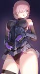  1girl arm_guards armor armored_dress black_legwear black_leotard blush breasts fate/grand_order fate_(series) gloves gradient gradient_background hair_over_one_eye highres kfr large_breasts lavender_hair leotard looking_at_viewer mash_kyrielight open_mouth purple_background purple_eyes purple_gloves short_hair solo thigh_strap thighs 