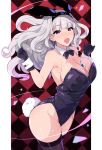  1girl animal_ears between_breasts breasts bunnysuit card gloves hidebou highres hime_cut idolmaster idolmaster_(classic) large_breasts long_hair looking_at_viewer playing_card purple_eyes shijou_takane smile tail thighhighs white_hair 