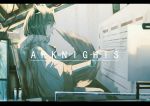  1girl alcxome arknights bob_cut brown_hair chair clipboard contrast copyright_name feathers glasses high_collar highres hood hoodie monitor office_chair pale_skin silence_(arknights) stylus vial window wings wire working yellow_eyes 