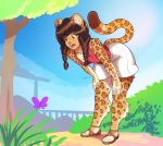  anthro arthropod bottomwear butterfly clothed clothing duo felid feline female feral footwear grass insect jaguar kitzy_(character) lepidopteran luxarts mammal outside pantherine plant sandals shirt shorts shrub sky topwear 