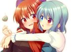  2girls blouse blue_bow blue_eyes blue_hair blush bow breasts cape commentary_request cup hair_bow heterochromia hug long_sleeves looking_at_another medium_hair multiple_girls nnyara red_eyes red_hair sekibanki simple_background small_breasts tatara_kogasa touhou twitter_username upper_body white_background 
