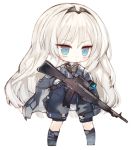  1girl :o an-94 an-94_(girls_frontline) assault_rifle bangs black_legwear black_shorts blue_eyes blue_gloves blue_jacket blush chibi commentary_request eyebrows_visible_through_hair full_body girls_frontline gloves grey_footwear gun headpiece holding holding_gun holding_weapon jacket kneehighs kotatu_(akaki01aoki00) long_hair long_sleeves object_namesake parted_lips rifle shorts simple_background solo standing very_long_hair weapon white_background white_hair 