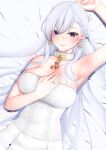  1girl absurdres arm_up armpits azur_lane bangs bare_arms bare_shoulders belfast_(azur_lane) belfast_(the_pledge_of_claddagh)_(azur_lane) blue_eyes blush braid breasts chain choker closed_mouth earrings hand_on_own_chest highres jewelry large_breasts long_hair looking_at_viewer lying on_back prophecy_(rakuichimonji) smile solo white_hair 