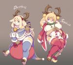  4_fingers anthro bell belly big_breasts bikini blonde_hair breasts candy candy_cane capreoline cervid chest_tuft christmas clothed clothing cloven_hooves coat curvy_figure dorothy_(whooo-ya) duo female fingers food gesture hair hi_res holidays hooves horn_ornament huge_breasts jingle_bell kemono legwear long_hair looking_at_viewer mammal reindeer ribbons sitting skimpy slightly_chubby smile sophie_(whooo-ya) swimwear thick_thighs thigh_highs topwear tuft v_sign voluptuous whooo-ya wide_hips 